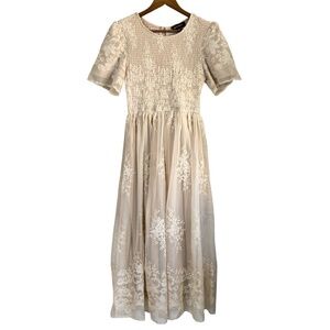 Aster Midi Smocked Bodice, Embroidered Floral Overlay Champagne Dress